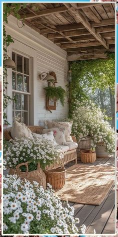 the porch is covered in flowers and plants, with wicker baskets on either side