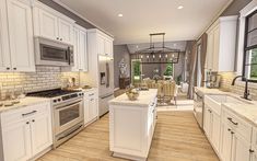 a large kitchen with white cabinets and wood flooring is pictured in this rendering image