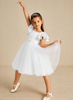 Kaeya is an enchanting flower girl satin A-line dress that features a square neckline that is framed with adorable puff cap sleeves. A sash that comes to a removable bow in the back adds a charming accent. The tulle A-line silhouette allows your little one to feel delightfully free to twirl at every occasion. Petal Flower Girl Dress, Elegant Wedding Guest Dress, Ivory Flower Girl, Sage Dress, Ivory Flower Girl Dresses, Lace Bride, Tulle Flower Girl, White Flower Girl Dresses, Flower Girl Dresses Tulle