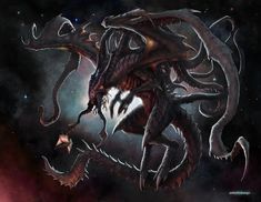 an alien creature with large, sharp teeth in the dark sky and stars behind it