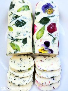 several slices of cheese with flowers on them