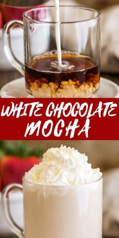 white chocolate mocha is being poured into a glass mug with whipped cream on top