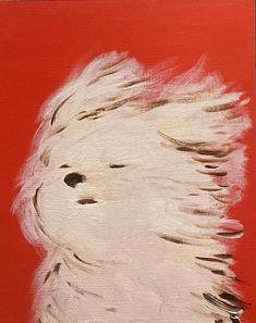 a painting of a white dog with long hair on a red background is featured in this image