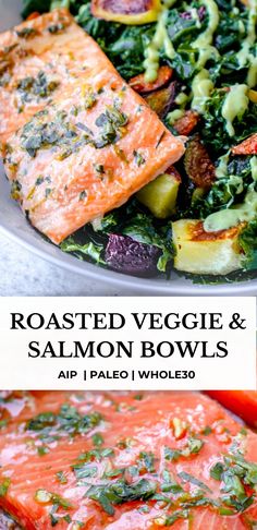 roasted veggies and salmon bowls with avocado, spinach, and other vegetables