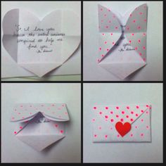 four different pictures of folded paper with hearts and words written on the inside of them