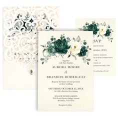 wedding stationery with green and white flowers on the front, an ornate laser cut design