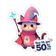 a sticker with a cat wearing a hat and holding a wand in it's hand