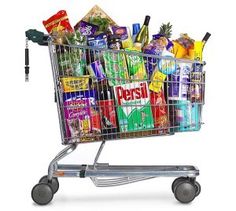 a shopping cart filled with lots of different types of snacks and drinks in it's basket