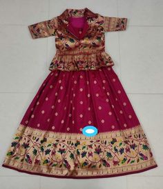 Paithani Dress For Baby Girl, Baby Dress Embroidery, Cotton Frocks For Kids, Girls Designer Dresses, Kids Blouse Designs, Kids Blouse, Kids Lehenga