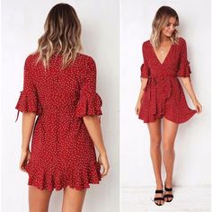 FREE SHIPPING Red Polka Dot Wrap Dress Ruffles JKP1427 V-neck Ruffle Hem Sundress, Flowy Knee-length Ruffle Dress For Summer, Flirty V-neck Ruffle Dress For Summer, Flirty V-neck Ruffle Dress For Beach, Flirty Polka Dot Mini Dress For Summer, Flirty Ruffle Sleeve Mini Dress For Summer, Polka Dot Summer Dress With Short Sleeves, Polka Dot Mini Dress For Summer, Polka Dot V-neck Mini Dress For Vacation