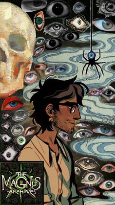 an image of a man surrounded by many different types of eyeballs and a spider