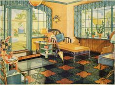 a drawing of a living room filled with furniture and plants on the windowsills