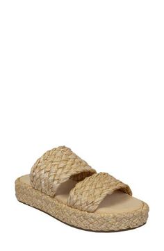 Woven raffia straps bring beachy vibes to an espadrille-inspired slide sandal cushioned by a pillowy footbed and lifted by a wrapped platform sole. 1 1/4" platform Raffia upper/rubber sole Imported Casual Braided Sandals In Natural Color, Beach Sandals With Woven Jute Sole, Natural Espadrilles With Textured Footbed For Vacation, Beach Sandals With Jute Material, Jute Open Toe Sandals For Beach, Natural Straw Sandals With Removable Insole, Summer Beach Sandals In Jute, Straw Espadrilles For Spring And Summer Outings, Casual Braided Sandals For Summer