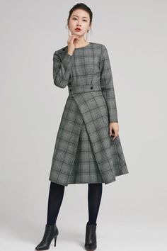 Plaid Long Sleeve Midi Dress For Work, Long Sleeve Plaid Dress For Work, Plaid Midi Dress For Fall Workwear, Classic Long Sleeve Tweed Dress For Winter, Wool Long Sleeve Midi Dress For Work, Long Sleeve Black Plaid Dress For Work, Black Long Sleeve Plaid Dress For Work, Black Plaid Dress For Work In Fall, Plaid Midi Dress For Work