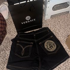 Black Denim Shorts Very Stylish, Authentic, I Can Also Provide The Shopping Bag Luxury Black Short Bottoms, Trendy Black Short Jeans, Luxury Black Bottoms With Pockets, Chic Black Denim Jean Shorts, Chic Black Short Jeans, Chic Short Black Jeans, Womens Boxer, Versace Shorts, Camouflage Shorts