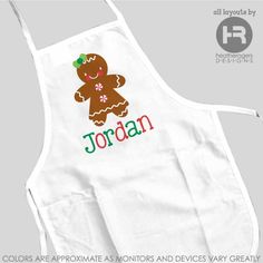 a white apron with an image of a ginger on the front and green lettering that says,