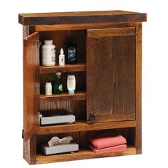 a wooden cabinet with several items on it