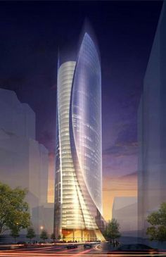 an artistic rendering of a tall building in the evening