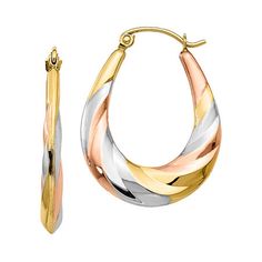 Earring Back: HingedShape: OvalStone: No StoneMetal Color: YellowEarring Length: 27mmEarring Width: 20mmMetal: 10k GoldCare: Wipe CleanCountry of Origin: Imported Oval Hoop Earrings, Earrings Hoop, Earring Backs, 10k Gold, Tri Color, Jewellery And Watches, Gold Bracelet, Fine Jewelry, Bangles