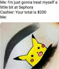 a pokemon pikachu drawn on the side of someone's eye with long lashes