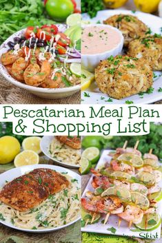 a collage of pictures showing different types of food and the words, pescatarian meal plan & shopping list