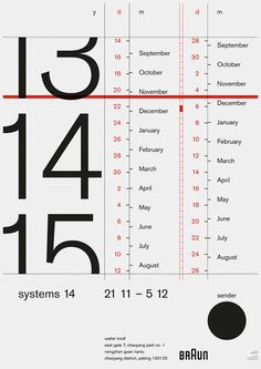 a poster with numbers on it and the date for each month in red, black and white