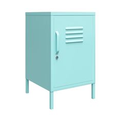 a light blue metal cabinet with two doors on one side and an open door on the other