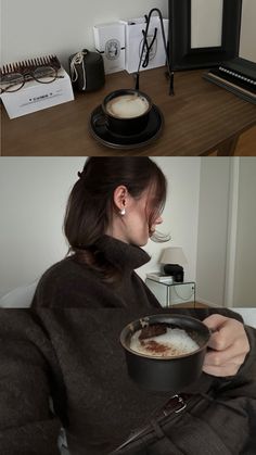 a woman sitting on a couch holding a bowl of food