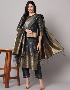 Traditional Function Wear Cotton Silk Jacquard Readymade Suit Grey Cotton Silk Jacquard Pant Straight Front View Grey Dupatta, Heavy Lehenga, Readymade Salwar Kameez, Organza Lehenga, Straight Cut Pants, Gotta Work, Designer Bridal Lehenga, Punjabi Salwar Suits, Kurta With Pants