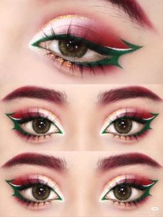 Red And Green Eye Makeup, Green And Red Makeup, Red And Green Eyeshadow, Red And Green Makeup, Anime Eye Makeup, Makeup Drawing