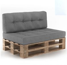 a couch made out of wooden pallets with grey cushions on top and bottom, sitting in front of a white background