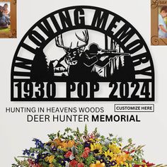 an advertisement for the hunting memorial with flowers in front of it and pictures on the wall