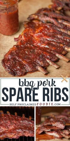 bbq pork spare ribs on a cutting board with barbecue sauce