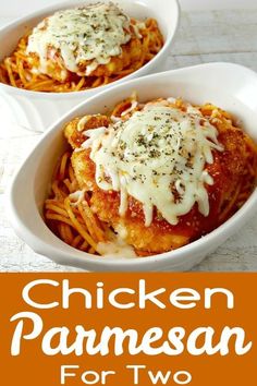 two white bowls filled with chicken parmesan pasta