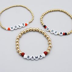 With Jewel Ya Game Day Bracelets you can have your style while showing your school spirit at the same time. In our studio we custom create a unique design to showcase the school of your choice. From elementary to college. We will incorporate your school name or letters with accent bead colors paired with sterling silver or 14k gold filled beads. Your choice of 14k gold filled or sterling silver beads. Choose from 3mm, 4mm or 6mm beads and your preferred size. Input school name plus colors. Easy School Spirit Letter Beads Bracelets Gift, School Spirit Jewelry With Letter Beads For Gifts, School Spirit Personalized Jewelry For Game Day, Personalized School Spirit Jewelry For Game Day, White School Spirit Jewelry As Gift, White School Spirit Jewelry As A Gift, White School Spirit Jewelry Gift, School Spirit White Jewelry As Gift, Color Pairing