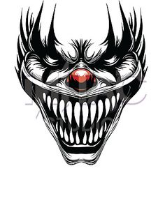 an evil clown's face with red eyes and fangs on the upper half of it