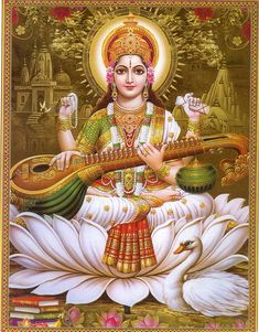 the hindu goddess sitting on top of a swan with an instrument in her hand and surrounded by books