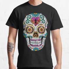 Standard fit with double-needle hems for durability. Solid colors are 100% preshrunk cotton, heather colors are cotton blend. Range of colors available, with the option to print on front or back. Size range S-3XL, suitable for men and women. Diamond Bling Shiny Sugar Skull Diamond Skull Day Of The Dead Cotton Crew Neck T-shirt, Cotton T-shirt With Custom Skull Print, Diamond Skull, Diamond Bling, Buying Diamonds, Women Diamond, Jersey T Shirt, Sugar Skull, Chiffon Tops