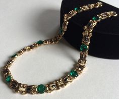 Rare Vintage Trifari Alfred Philippe Necklace~Green Glass/Clear Rhinestones/Blue Enamel/Gold Tone~Si Victorian Jeweled Necklaces For Formal Occasions, Luxury Jeweled Necklaces For Formal Occasions, Luxury Jeweled Necklace For Formal Occasions, Vintage Jeweled Oval Necklace, Vintage Oval Jeweled Necklace, Vintage Oval Jeweled Necklaces, Vintage Jeweled Necklaces For Anniversary, Couture Necklace, Trifari Brooch