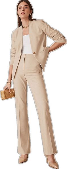 Beige Stretch Business Casual Pants, Beige Stretch Tapered Leg Dress Pants, Mid-rise Neutral Pants For Work, Mid-rise Neutral Workwear Pants, Neutral Mid-rise Pants For Workwear, Beige Stretch Straight Dress Pants, Beige Stretch Dress Pants For Business Casual, Beige Stretch Ankle-length Dress Pants, Chic Stretch Beige Dress Pants