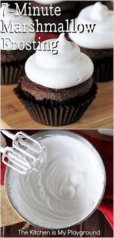 two pictures of cupcakes with white frosting on them and the words, 7 minute marshmallow frosting