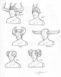 some drawings of different types of horns and hair