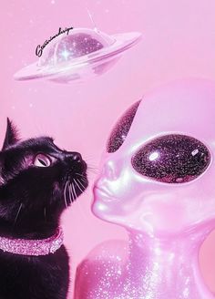 a black cat looking at an alien in the sky next to a pink and purple background