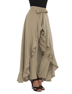 Khaki Chiffon Tie-waist Ruffle Palazzo Pants Skirt Summer, Pants Casual, Fashion Woman, Palazzo Pants, Dress Fashion, Bottoms Pants, Dress Pants, Casual Pants, Long Dress