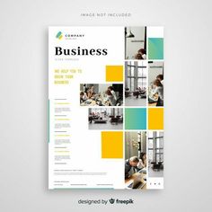 a business brochure is shown with yellow and blue squares on the bottom half