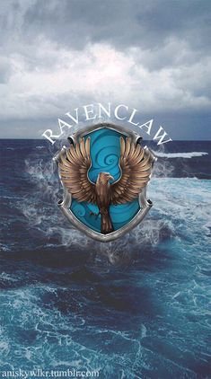 the ravenclaw logo is shown on top of an image of water and clouds