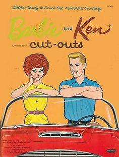 an advertisement for barbie and ken's cut - outs featuring two people in a red car