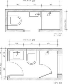 two drawings of a bathroom with toilet, sink and shower