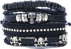 Skull 2 Multilayer Bracelet Set - Silverado Outpost Adjustable Punk Bracelets For Biker Events, Black Gothic Leather Bracelet With Skull Shape, Gothic Black Leather Bracelet With Skull, Black Gothic Leather Bracelet With Skull, Gothic Black Leather Skull Bracelet, Black Gothic Leather Skull Bracelet, Black Rock Style Bracelets For Festival, Casual Black Leather Bracelet For Festivals, Adjustable Gothic Bracelets With Skull Print