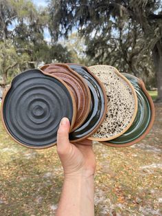 a hand holding several plates in front of trees